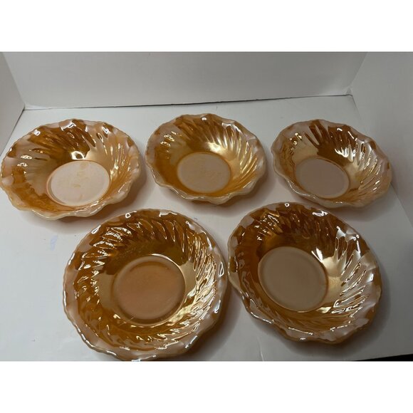 Fire King Peach Luster Soup salad Bowl Set of 5 Ruffled Rim 7” Milk Glass Bottom - Picture 1 of 8